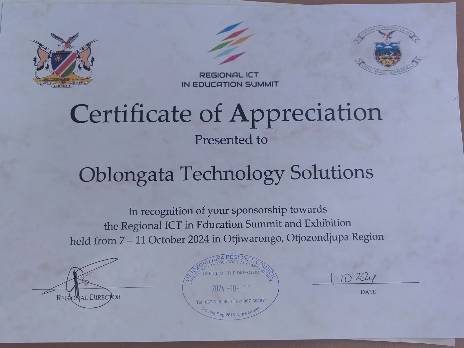 Regional ICT in Education Summit: Certificate of appreciation for our sponsorship, October 2024