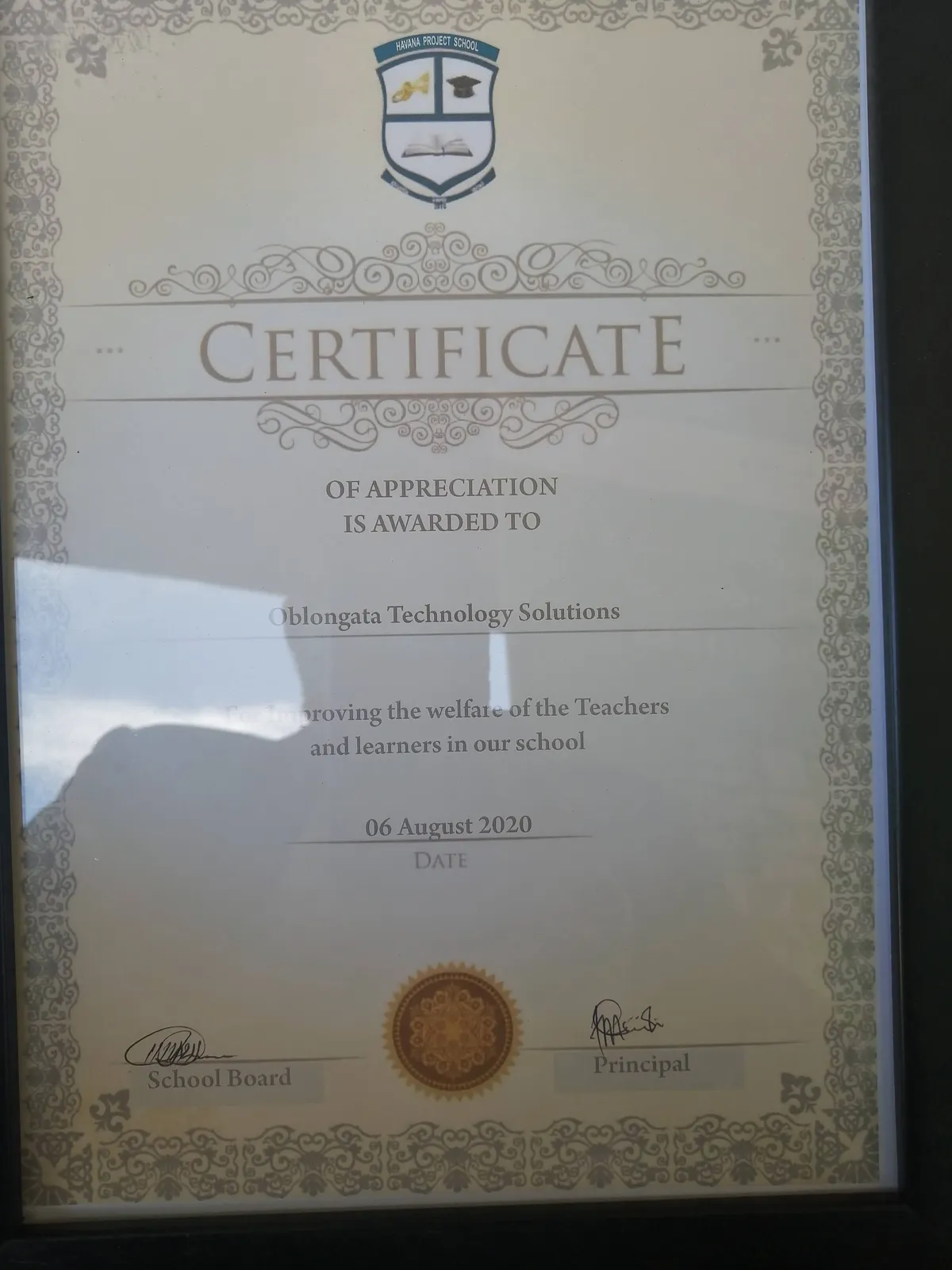 Havana Project School: Certificate of appreciation, August 2020